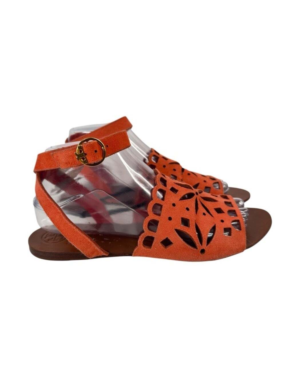 Tory Burch May Flat Sandals Womens 8 Orange Cutout Leather Ankle Strap